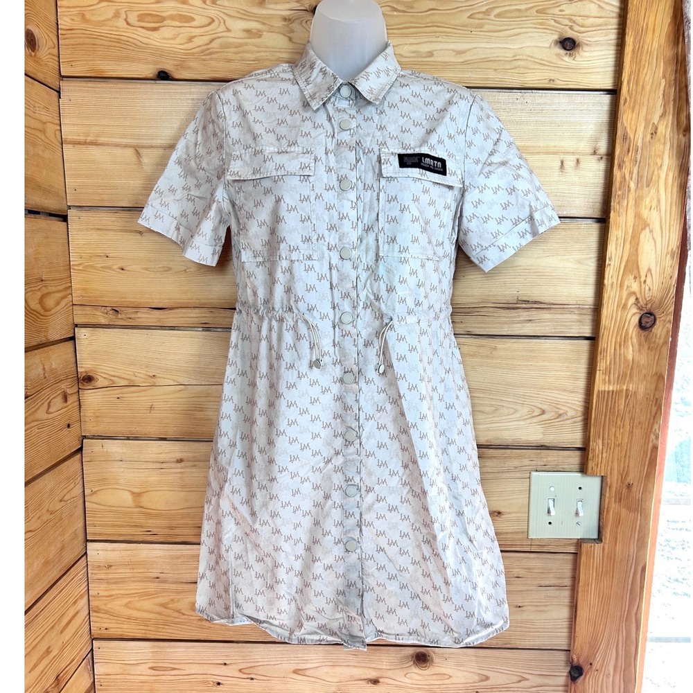 La Martina Monogram Logo Print Utility Shirt Dress Beige Cotton Sz Small Safari